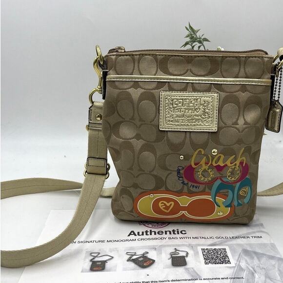 Coach Authenticated Vintage Poppy C Applique Sateen Metallic Trim Messenger Bag - Picture 1 of 8